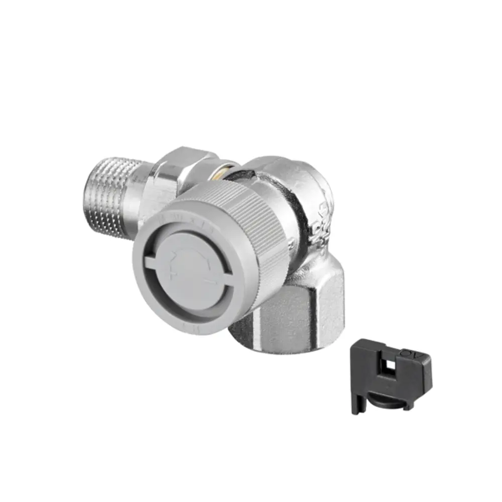 Thermostatventil von Oventrop in einem Winkeldesign. Metallisches Gehäuse mit einer Verstellschraube. Kleinteil liegt neben dem Ventil.